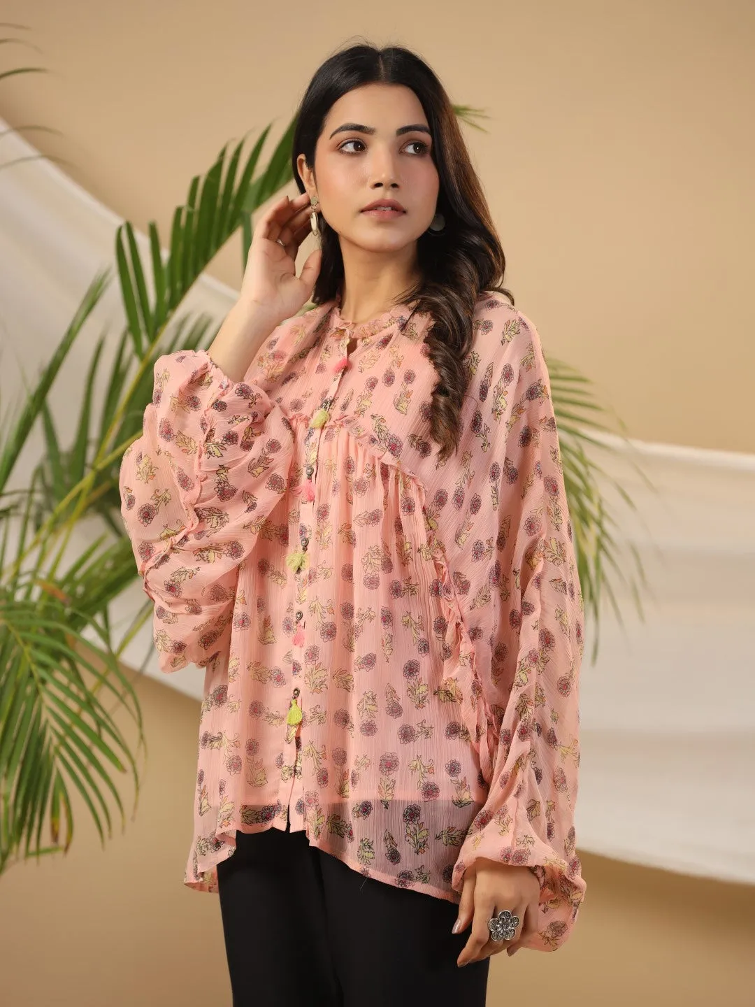 Jashvi Peach Floral Printed Chiffon Tunic With Inner