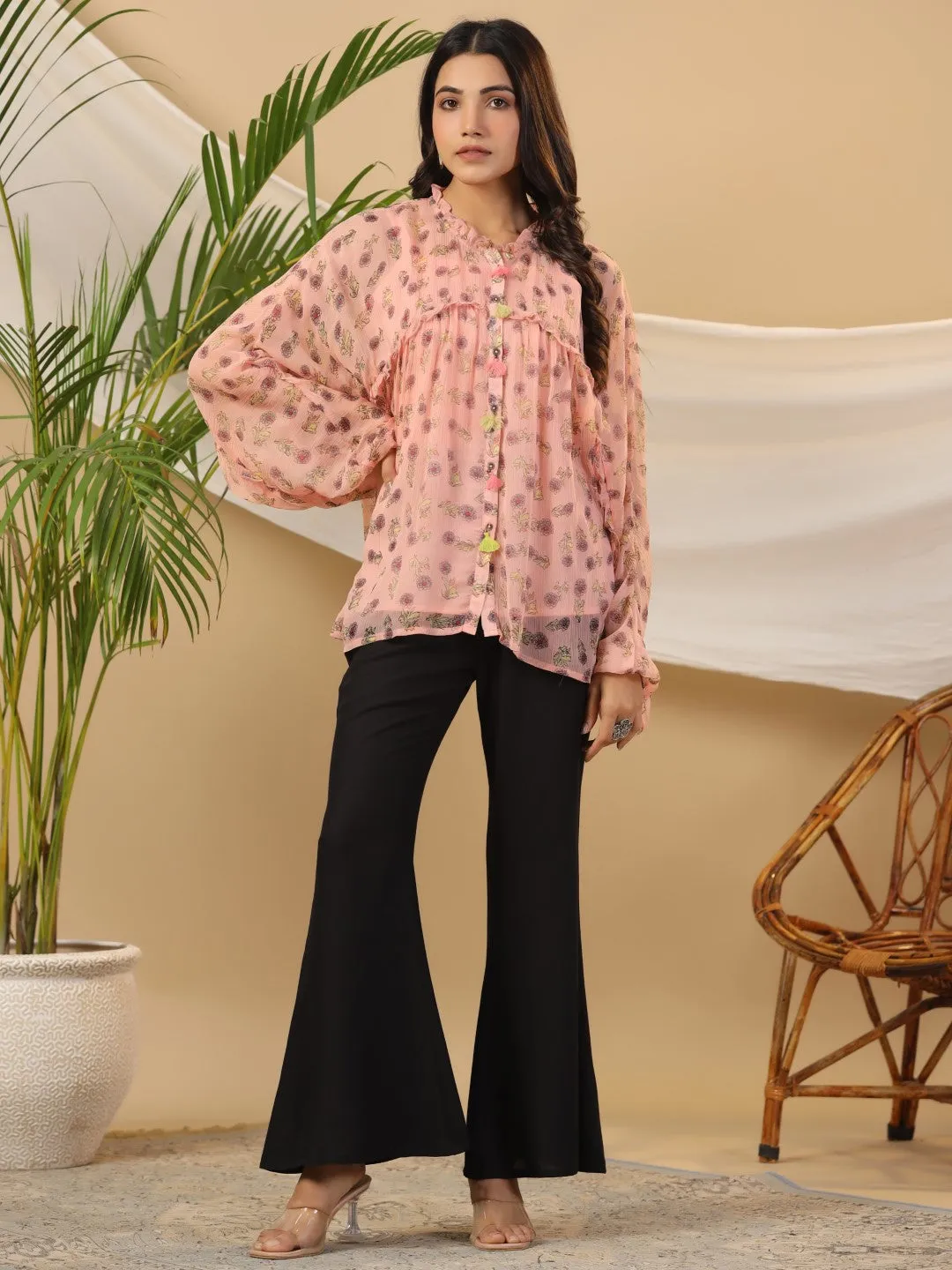 Jashvi Peach Floral Printed Chiffon Tunic With Inner