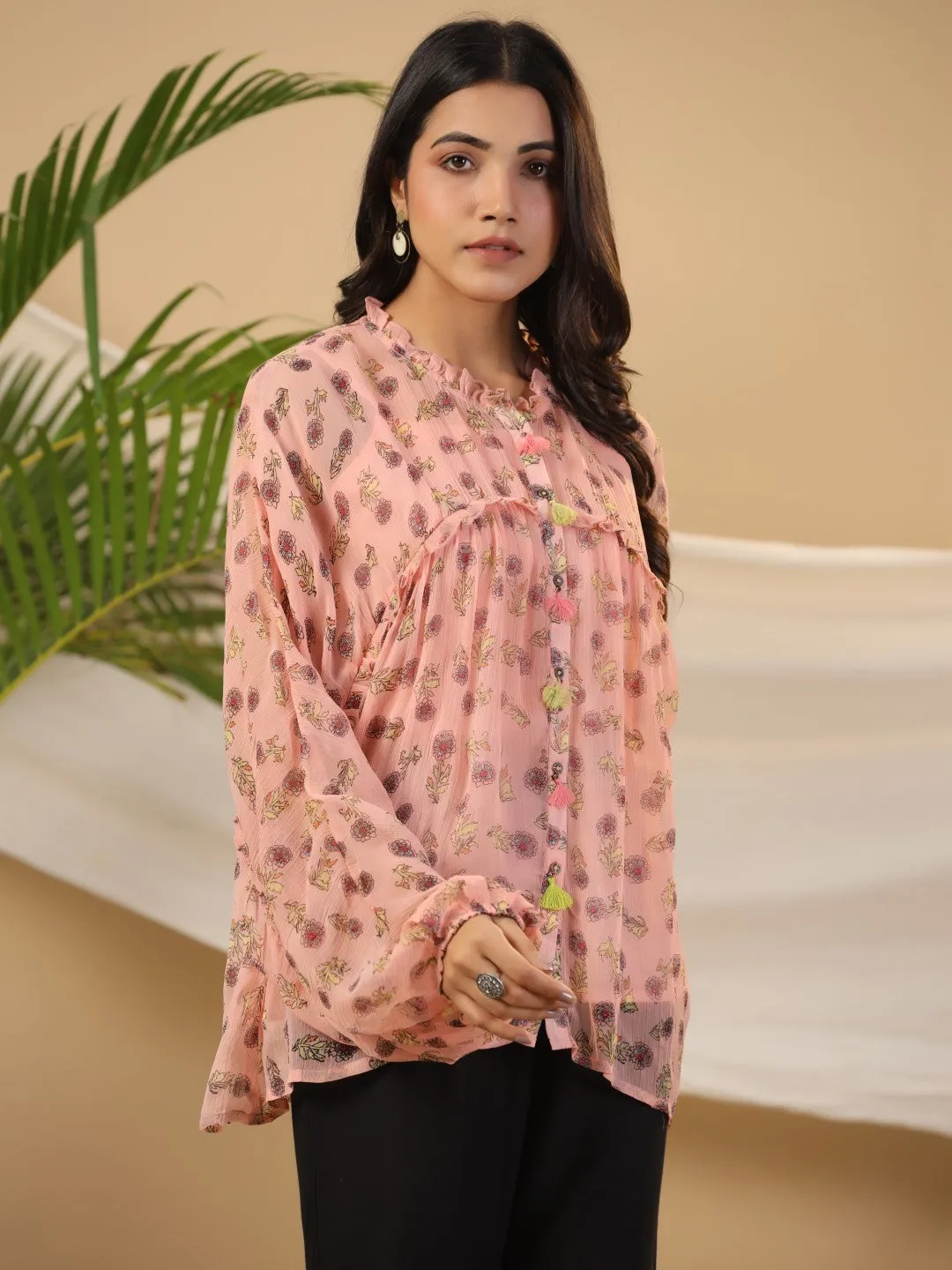 Jashvi Peach Floral Printed Chiffon Tunic With Inner