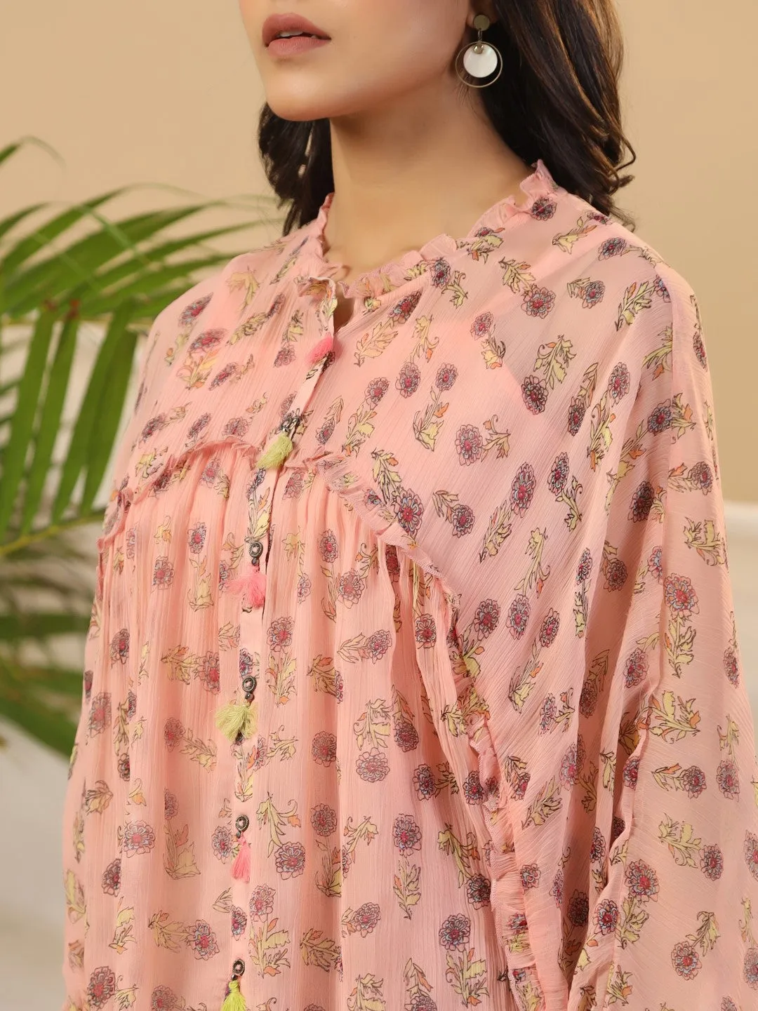 Jashvi Peach Floral Printed Chiffon Tunic With Inner