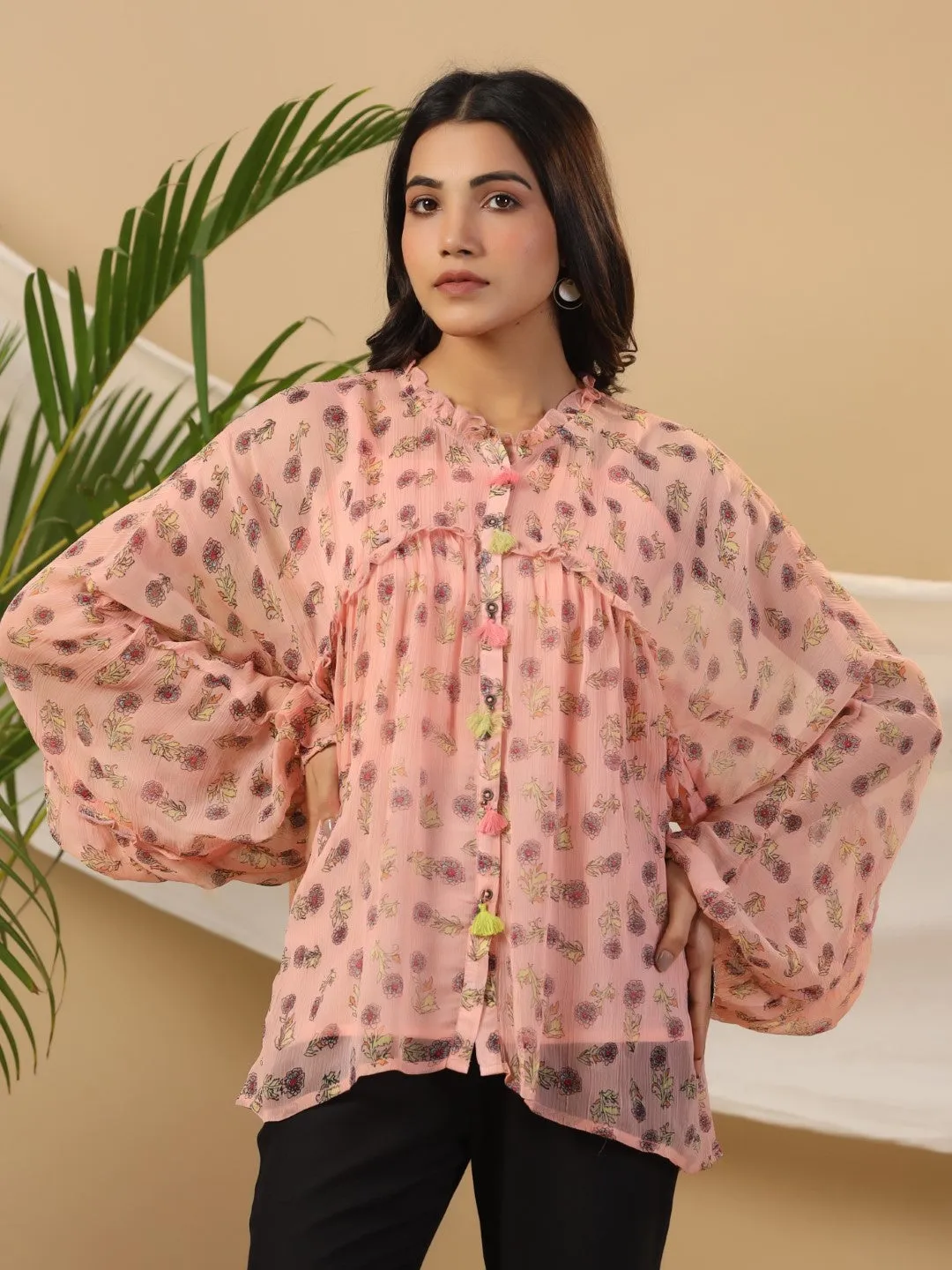 Jashvi Peach Floral Printed Chiffon Tunic With Inner