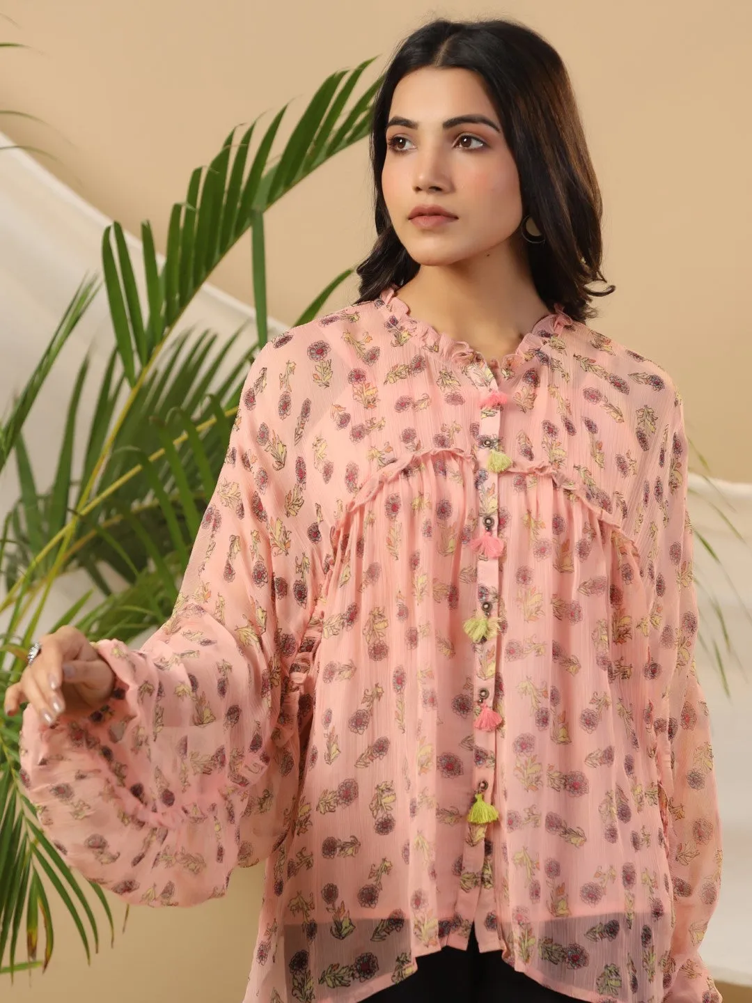 Jashvi Peach Floral Printed Chiffon Tunic With Inner