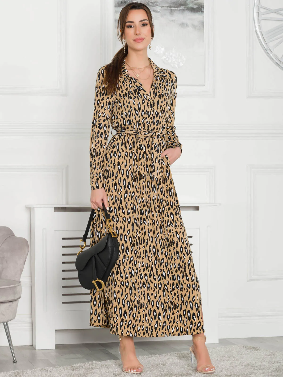 Jolie Moi Dora Leopard Maxi Shirt Dress, Camel