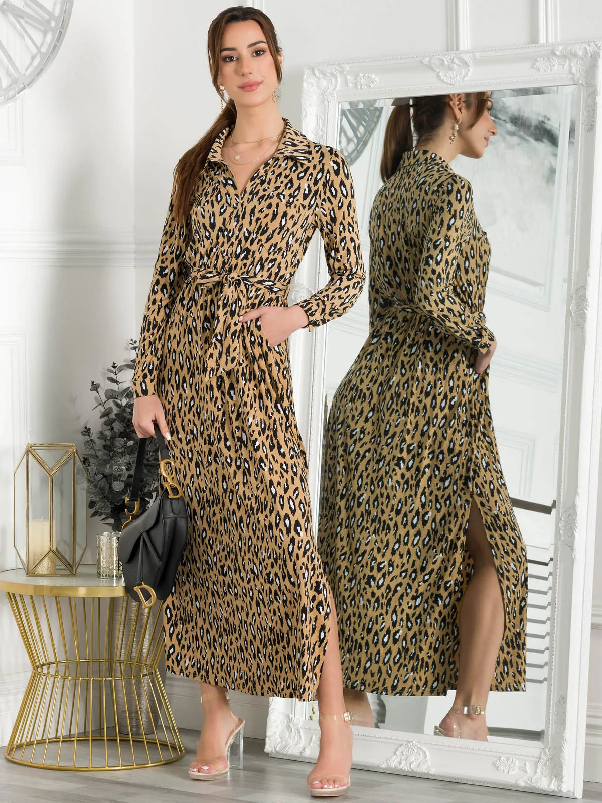 Jolie Moi Dora Leopard Maxi Shirt Dress, Camel