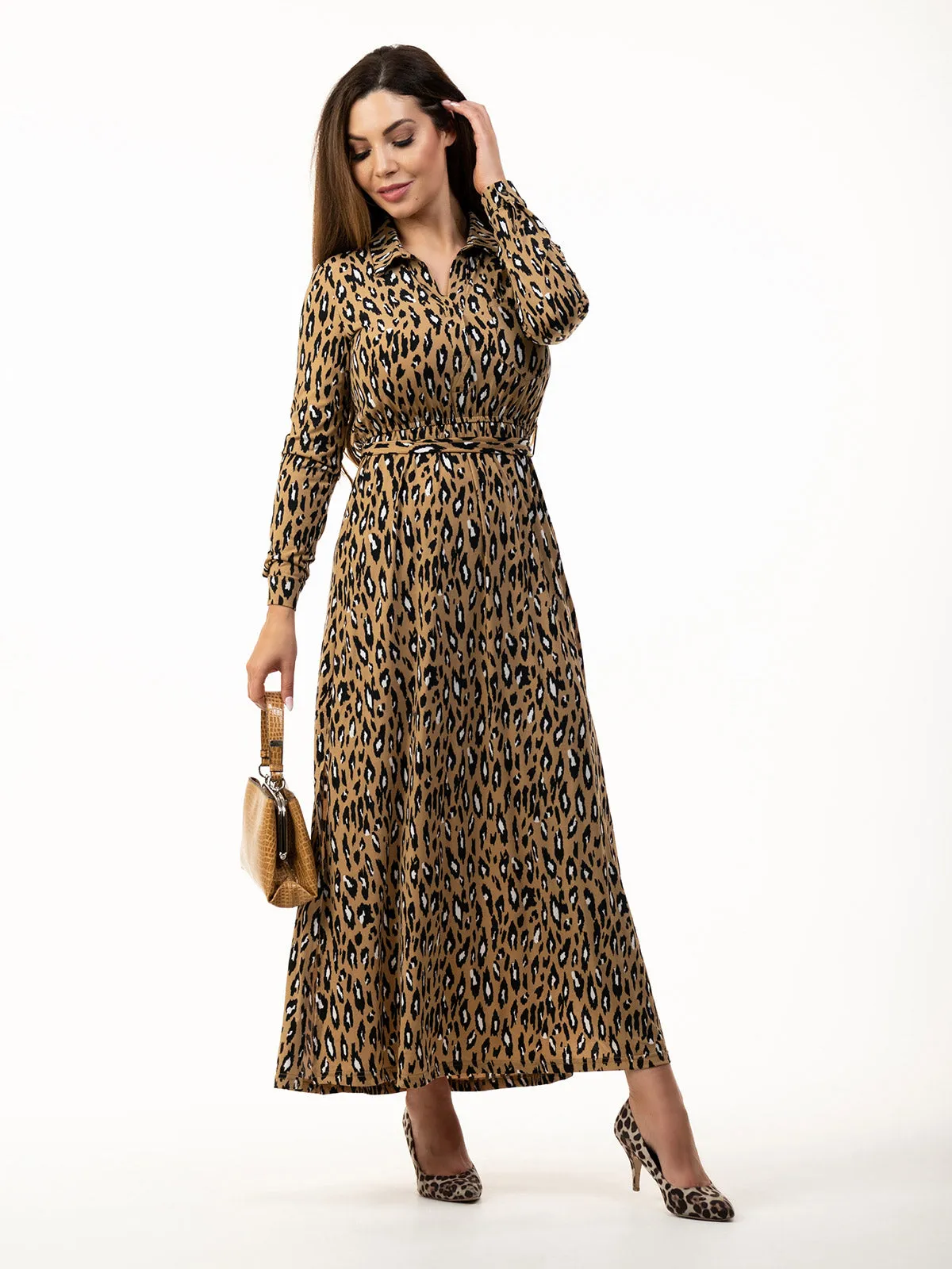 Jolie Moi Dora Leopard Maxi Shirt Dress, Camel