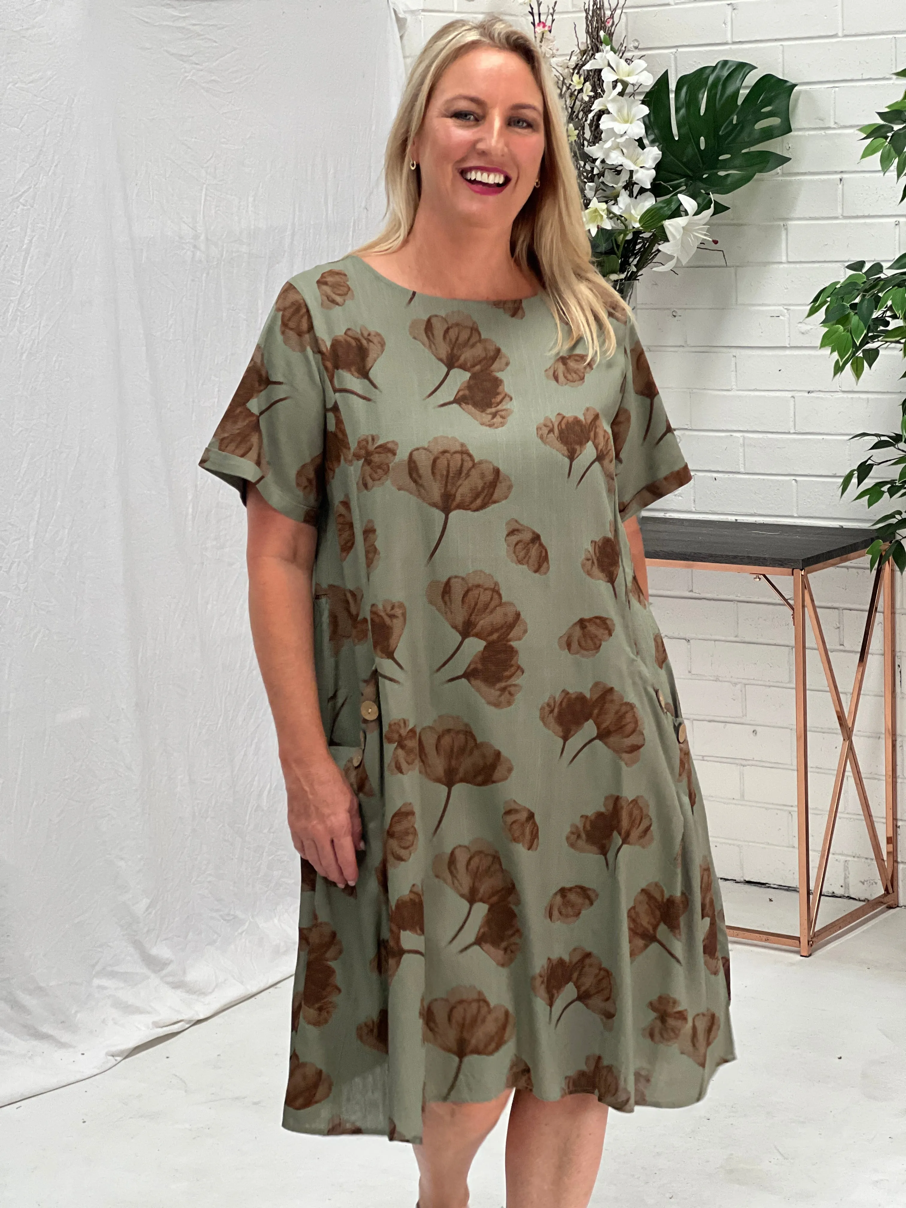 Joy Khaki Petal Linen Dress