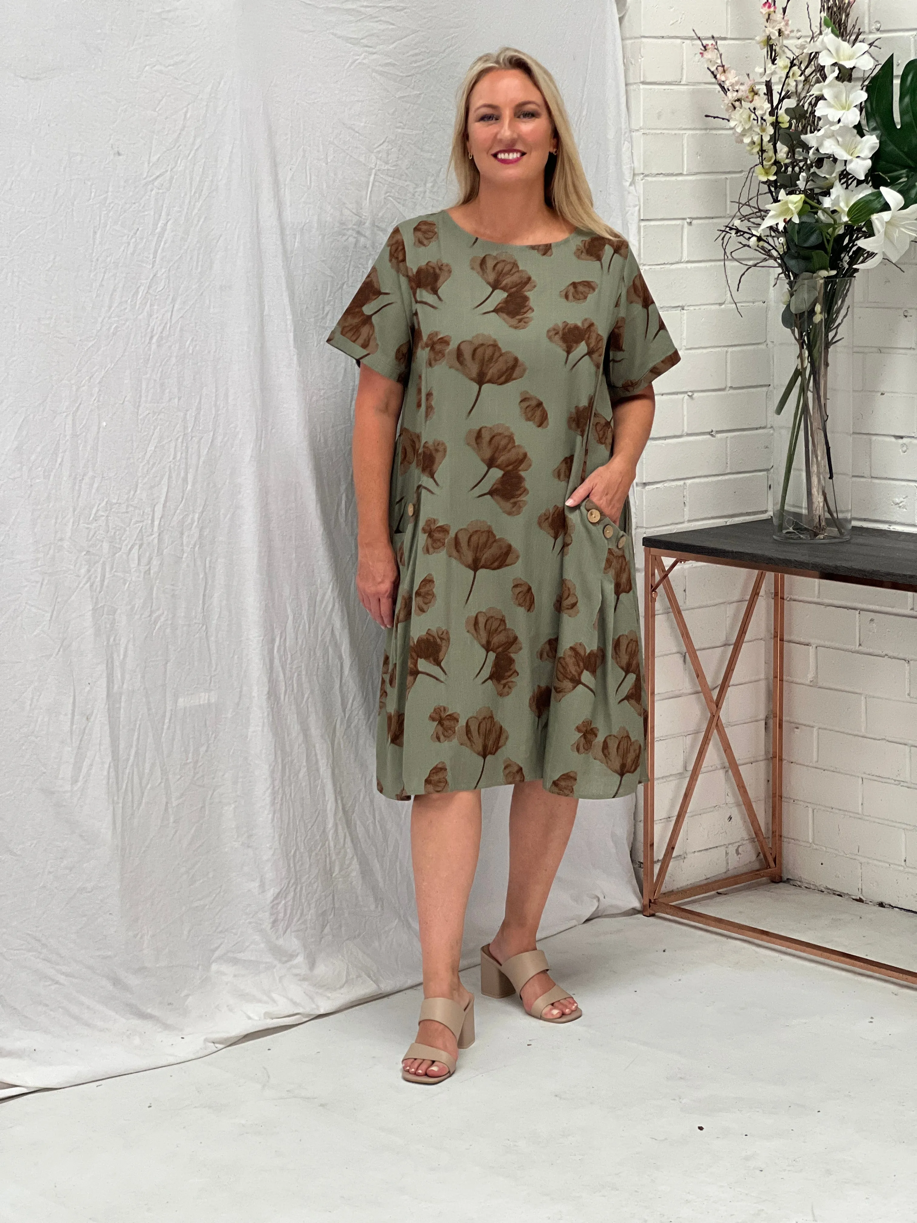 Joy Khaki Petal Linen Dress