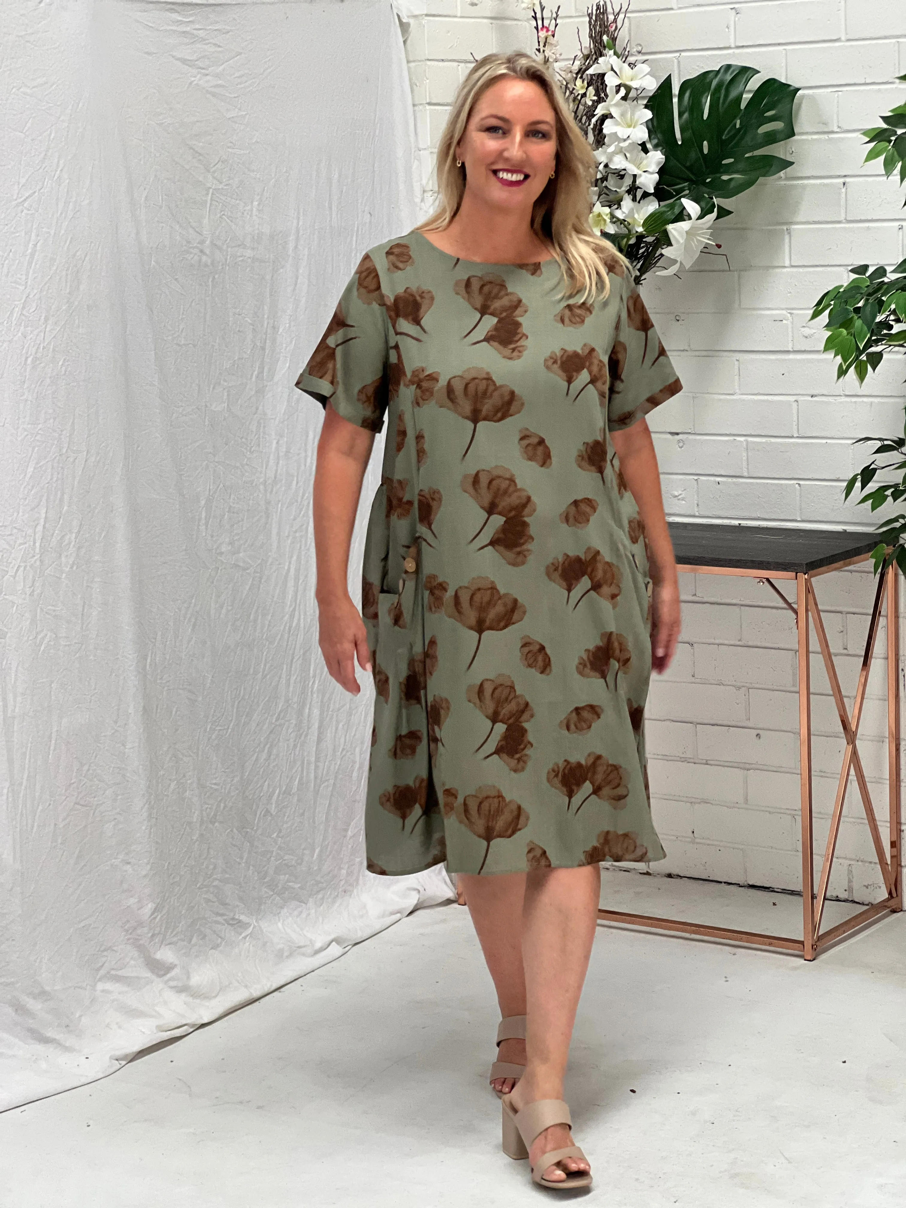 Joy Khaki Petal Linen Dress