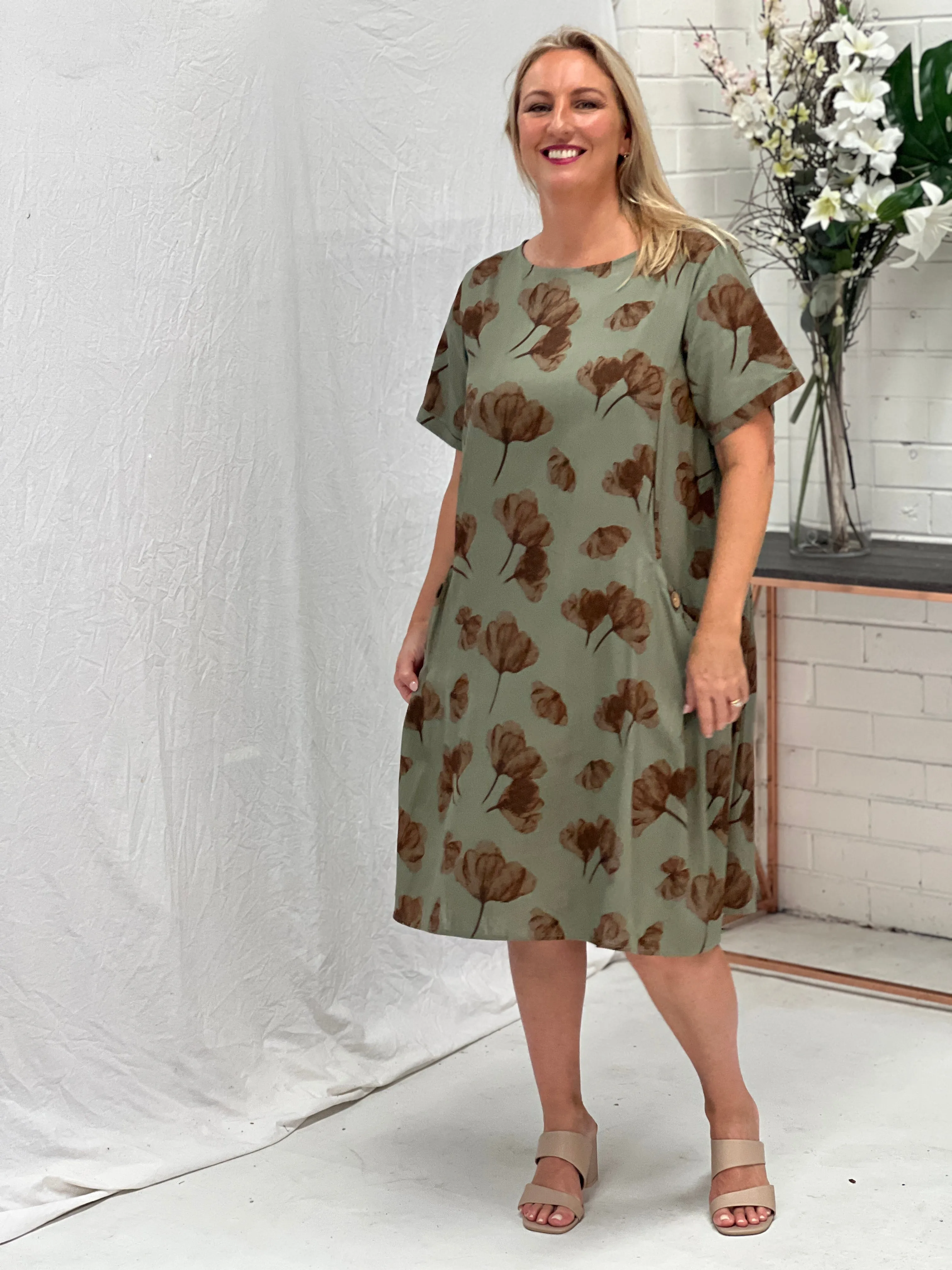 Joy Khaki Petal Linen Dress