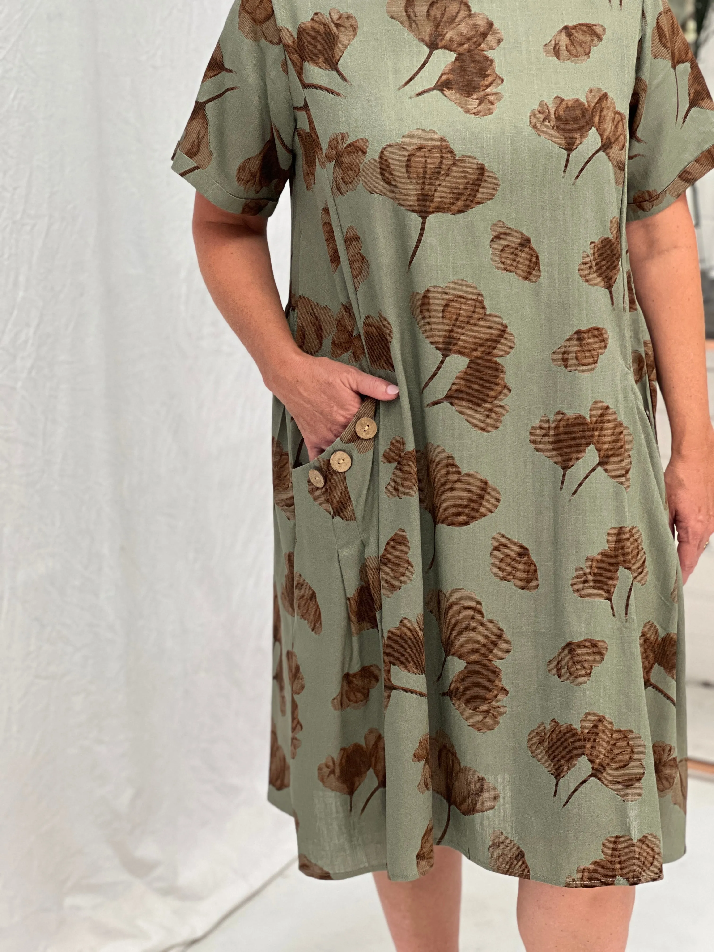 Joy Khaki Petal Linen Dress