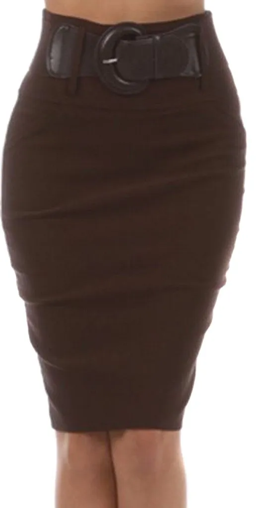 Knee Length High Waist Stretch Pencil Skirt with Wide Belt