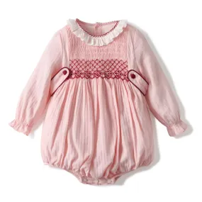 Lace Trim Floral Accents and Ruffled Sleeves Pink Baby Romper