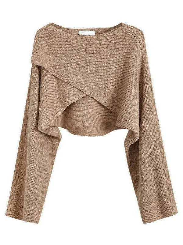 Ladies Boat Neck Cross Crop Pullover Sweater SKT4805