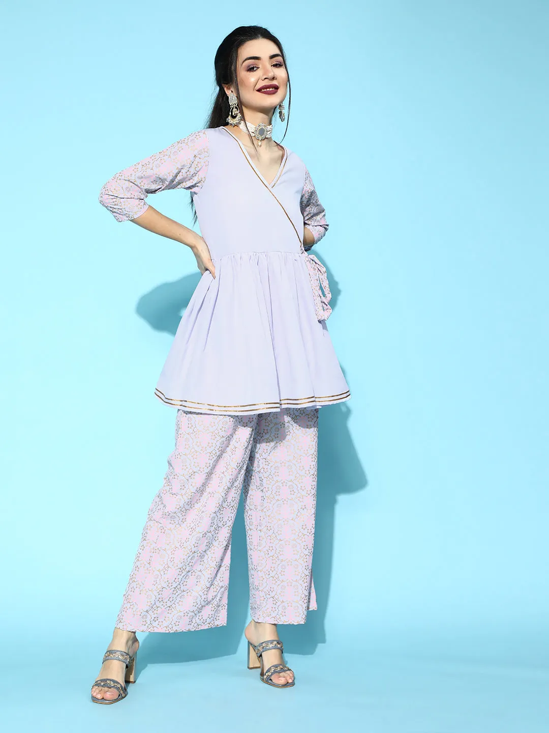 Lavender & Gold Printed Kurta Palazzo Set