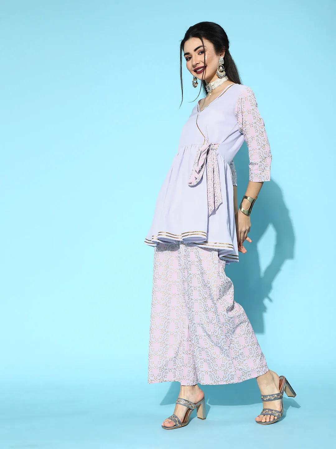 Lavender & Gold Printed Kurta Palazzo Set