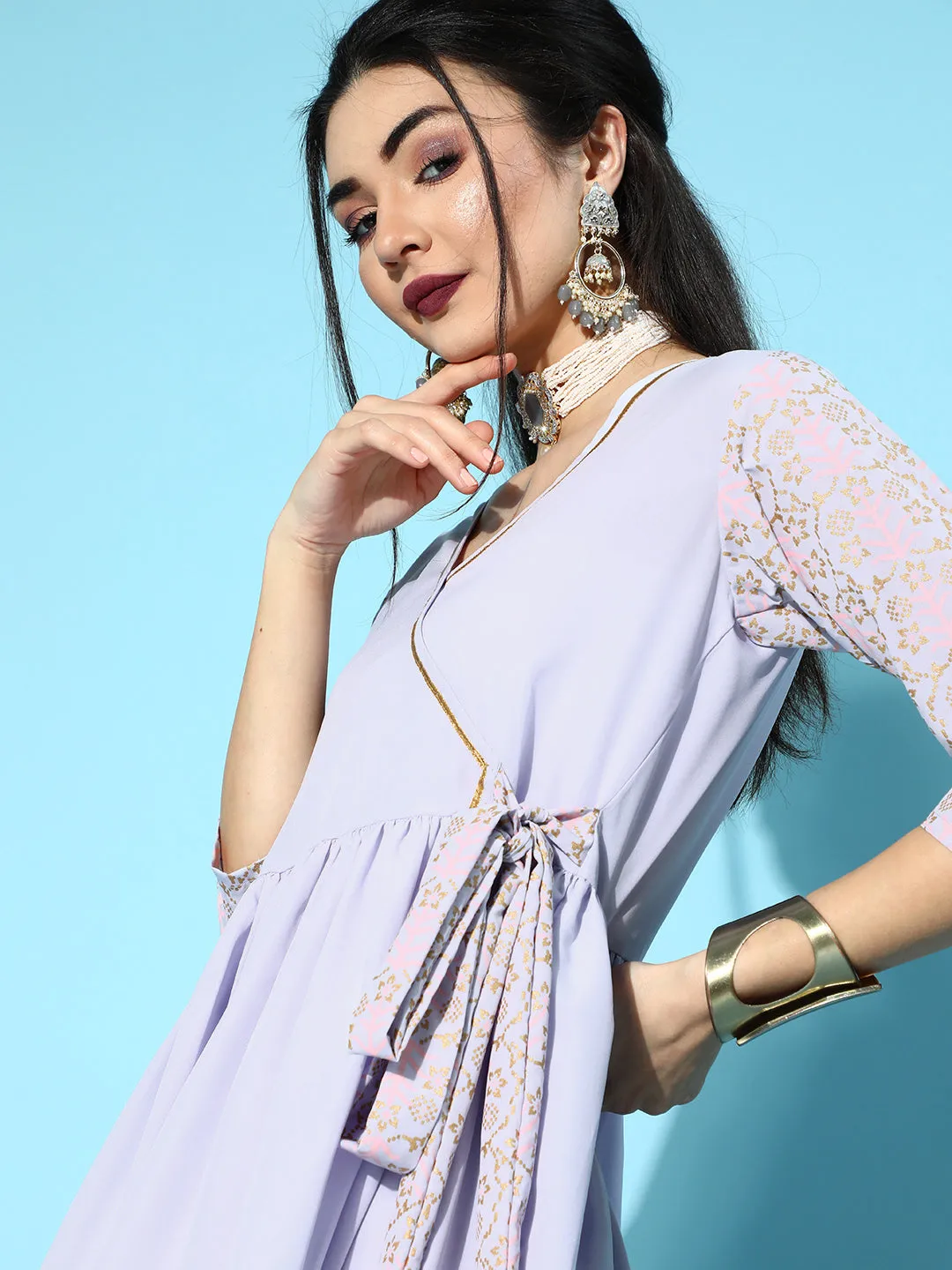 Lavender & Gold Printed Kurta Palazzo Set