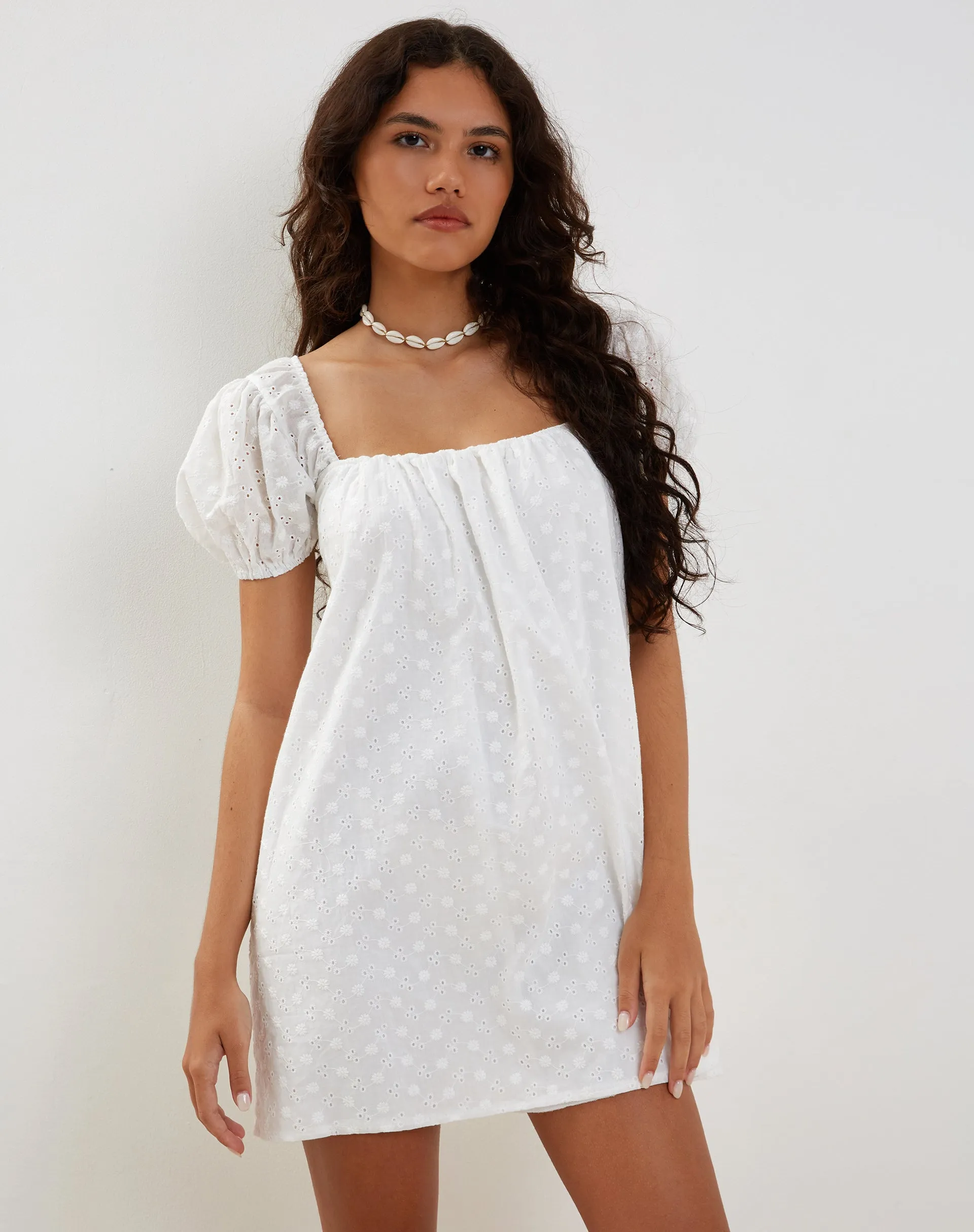 Leyona Broderie Mini Dress in White