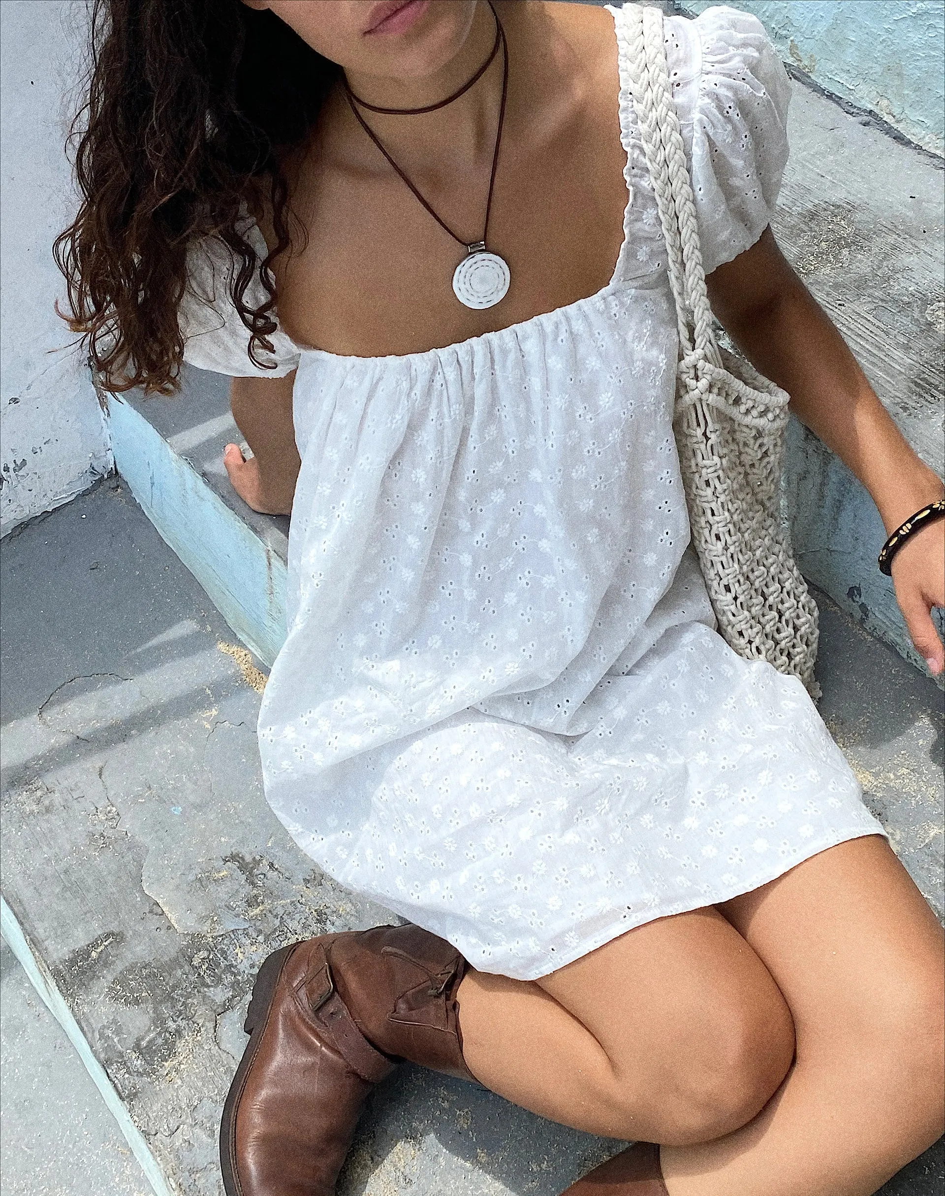 Leyona Broderie Mini Dress in White