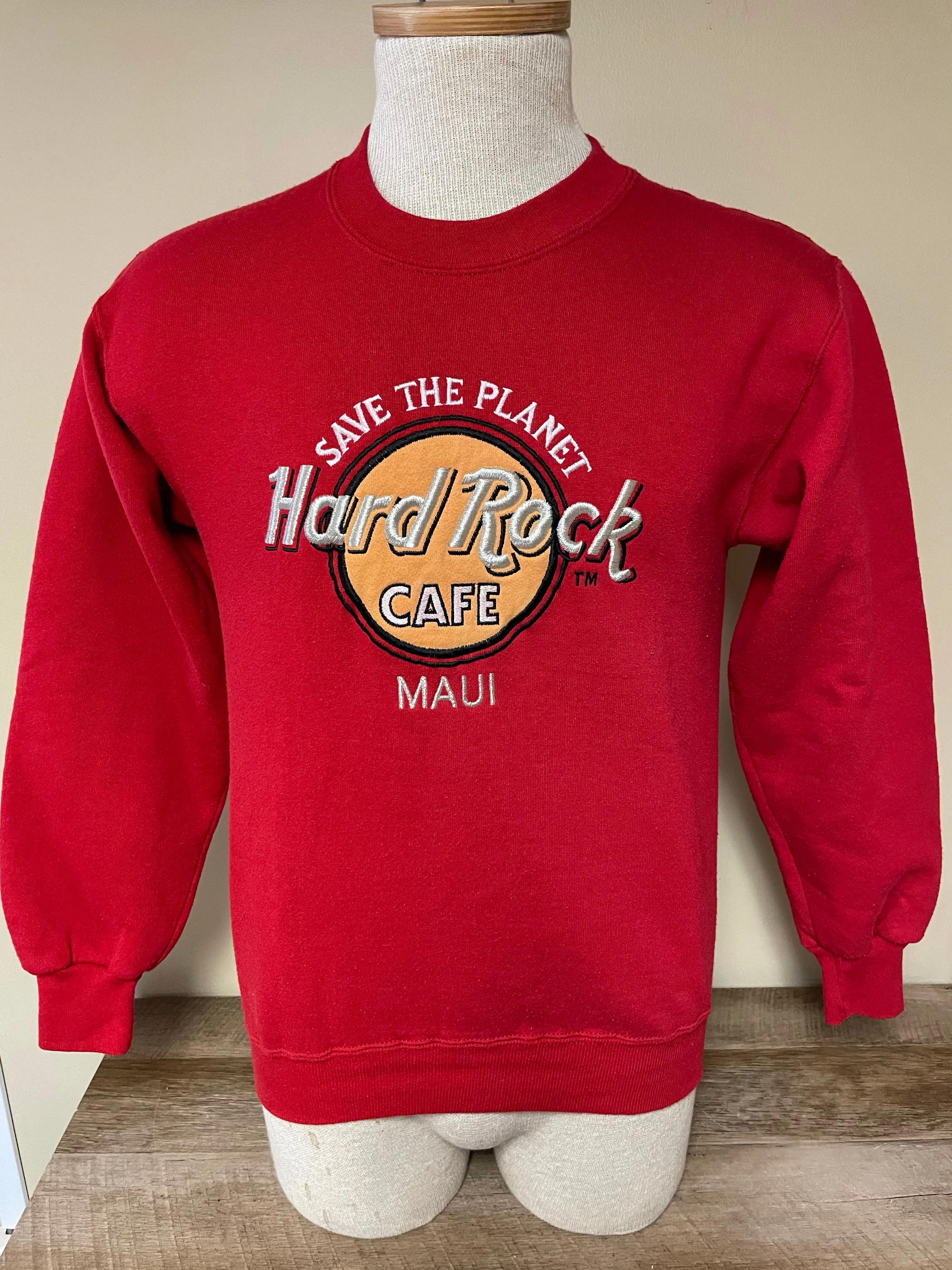 <€€* Mens HARD ROCK Cafe MAUI Red Long Sleeve Sweatshirt Size Small 34-36