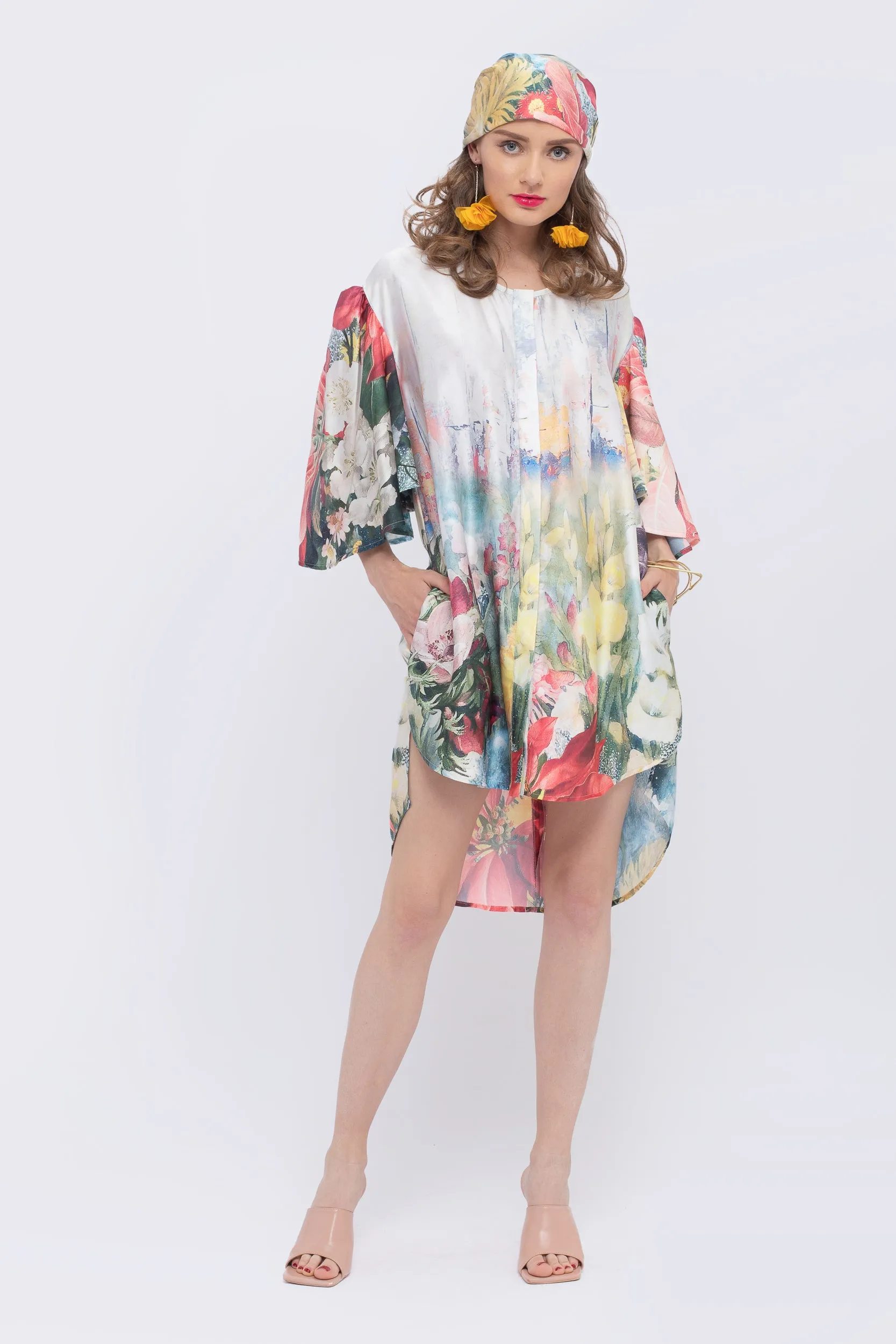 Magnolia Floral Print Fan Sleeve Dress