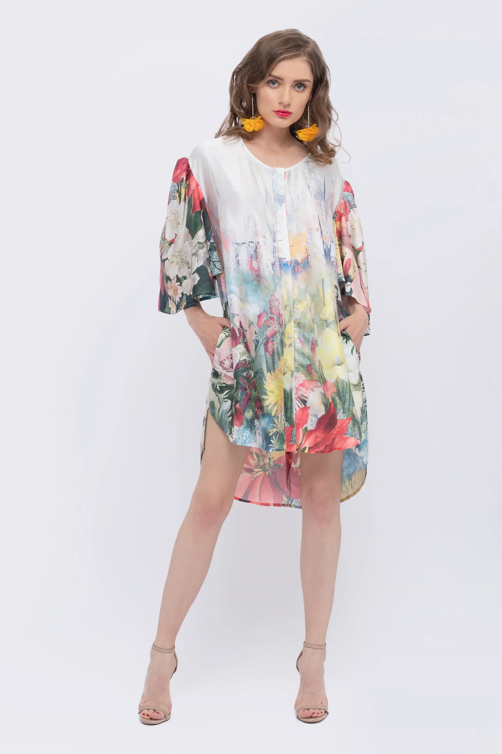 Magnolia Floral Print Fan Sleeve Dress