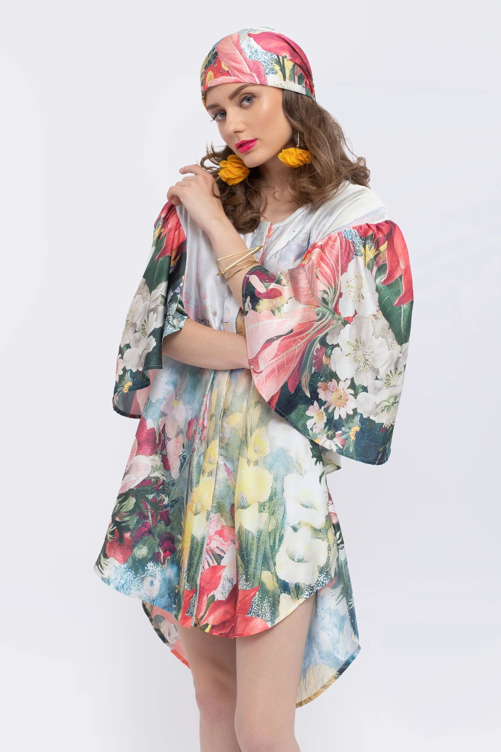 Magnolia Floral Print Fan Sleeve Dress