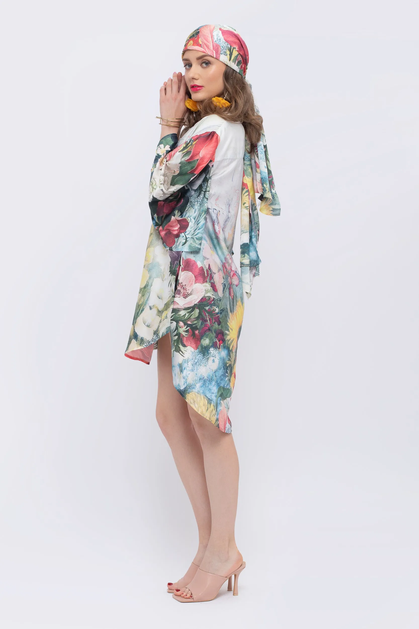 Magnolia Floral Print Fan Sleeve Dress