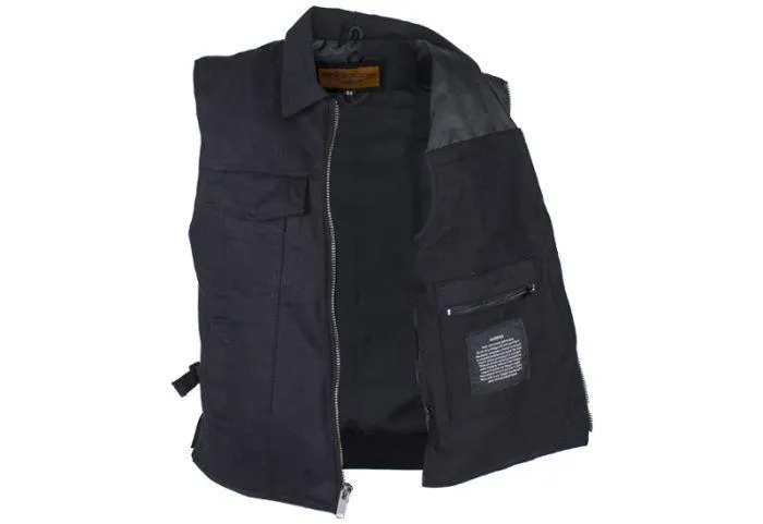 Men’s Black Denim Motorcycle Club Vest with Folded Collar & Hidden Snaps, MV8010-BD-DL