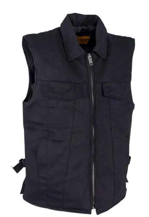 Men’s Black Denim Motorcycle Club Vest with Folded Collar & Hidden Snaps, MV8010-BD-DL