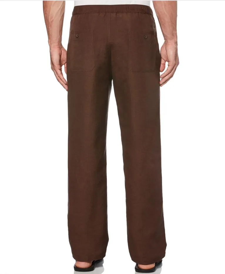 Mens Cubavera Solid Drawstring Elastic Linen Pants - C85B0063-BROWN