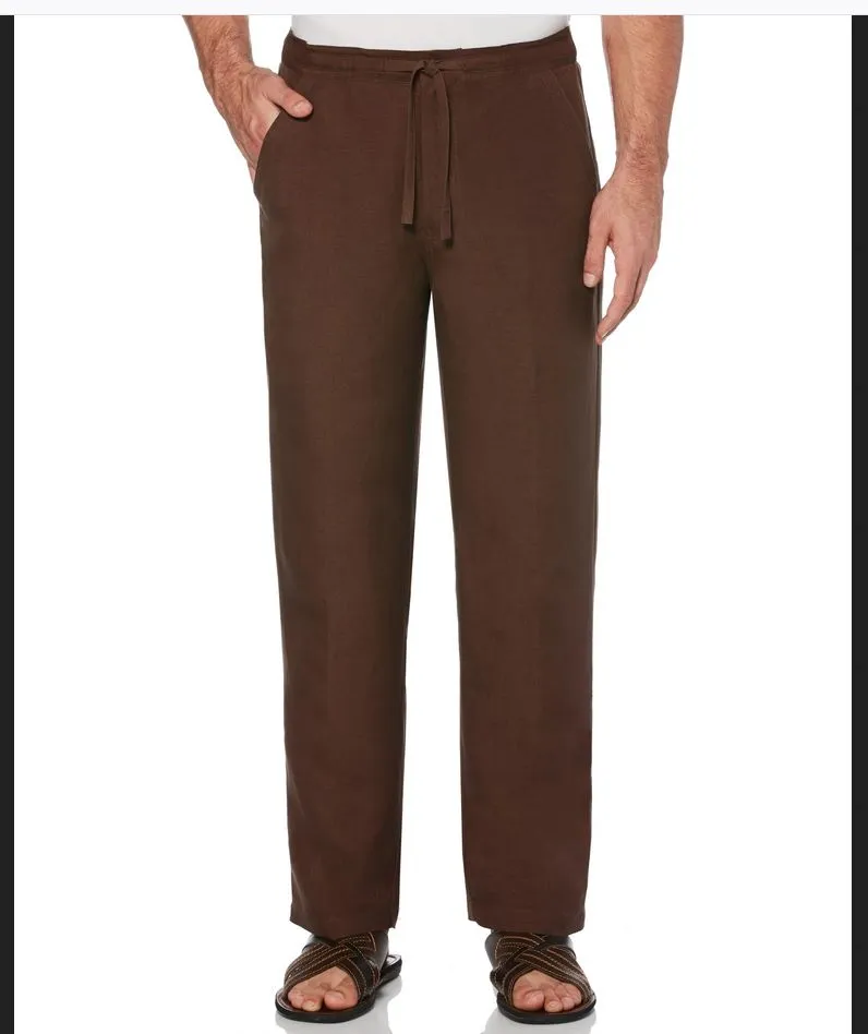 Mens Cubavera Solid Drawstring Elastic Linen Pants - C85B0063-BROWN