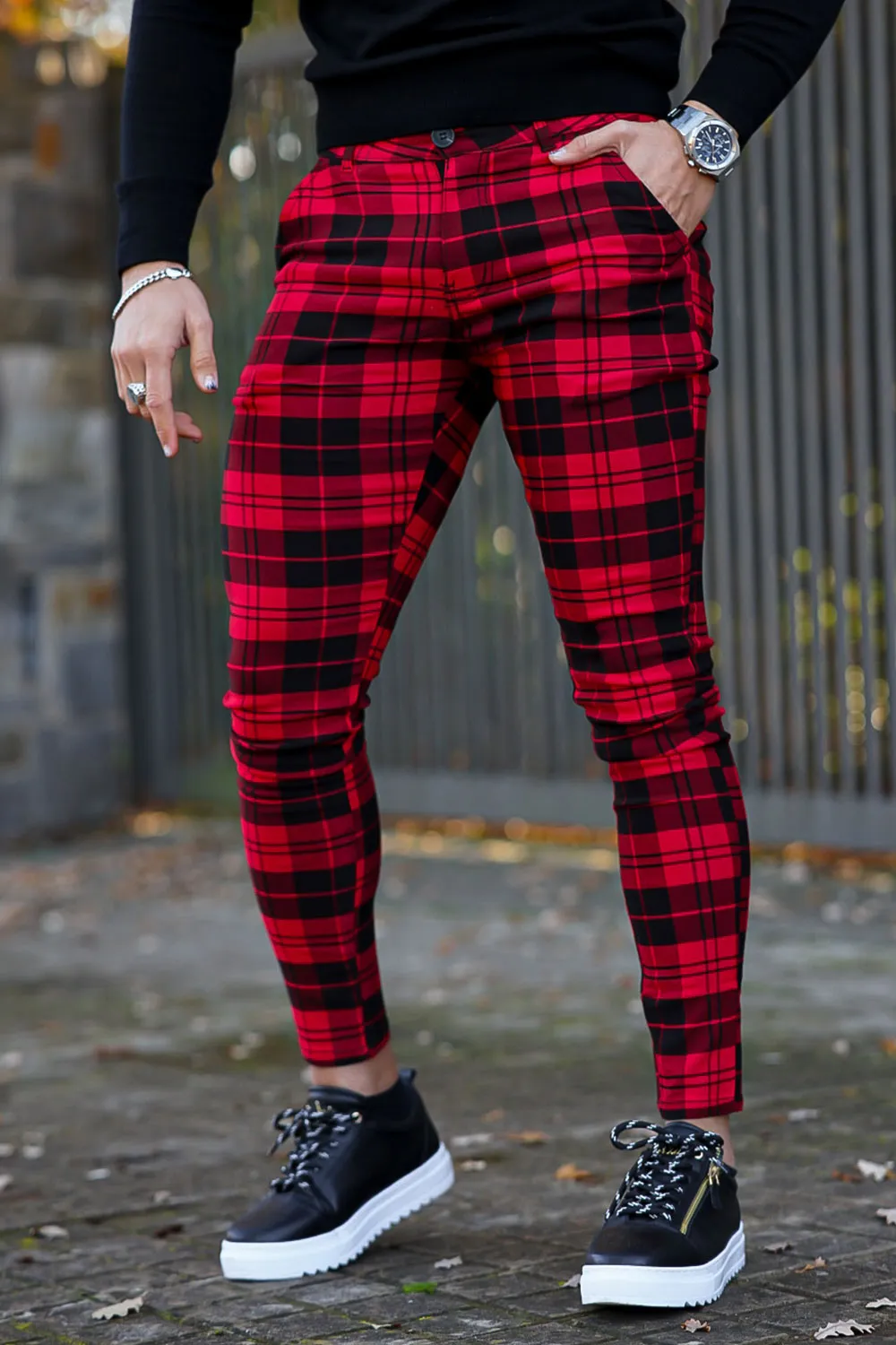 Men's Fashion Skinny Pant - Red & Black