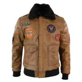 Mens Genuine Leather Air Force Pilot Bomber Jacket Tan Brown Badge Vintage Retro