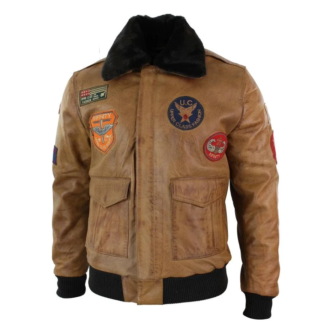 Mens Genuine Leather Air Force Pilot Bomber Jacket Tan Brown Badge Vintage Retro