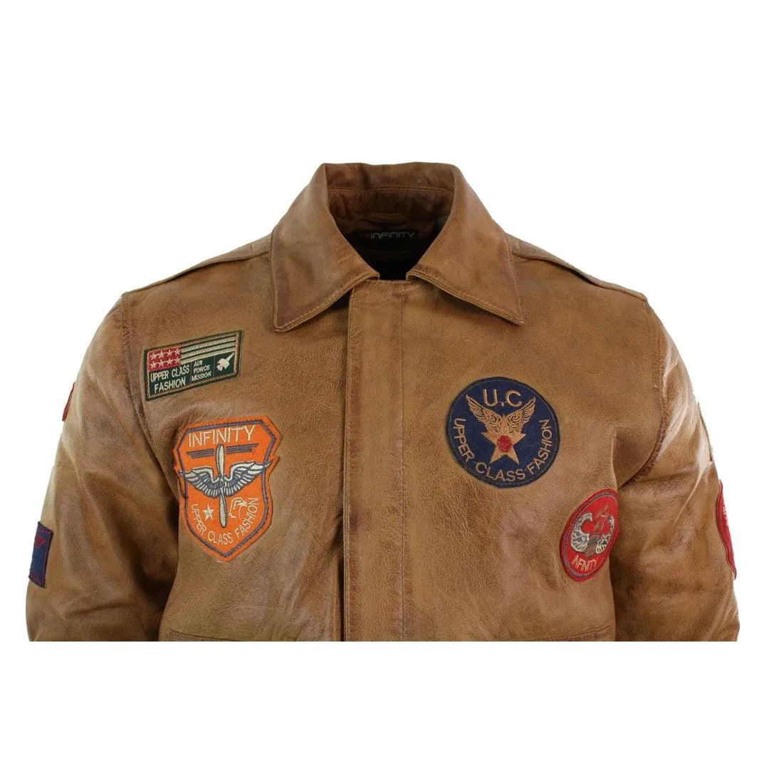 Mens Genuine Leather Air Force Pilot Bomber Jacket Tan Brown Badge Vintage Retro