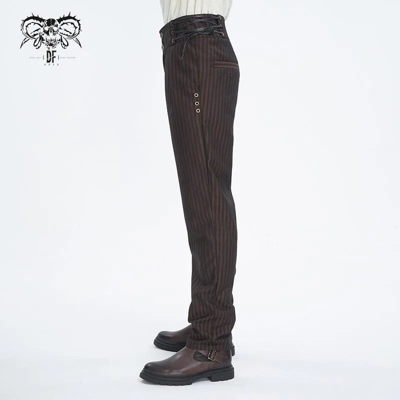 Men's Gothic High-waisted Lace-up Striped Coffee Pants