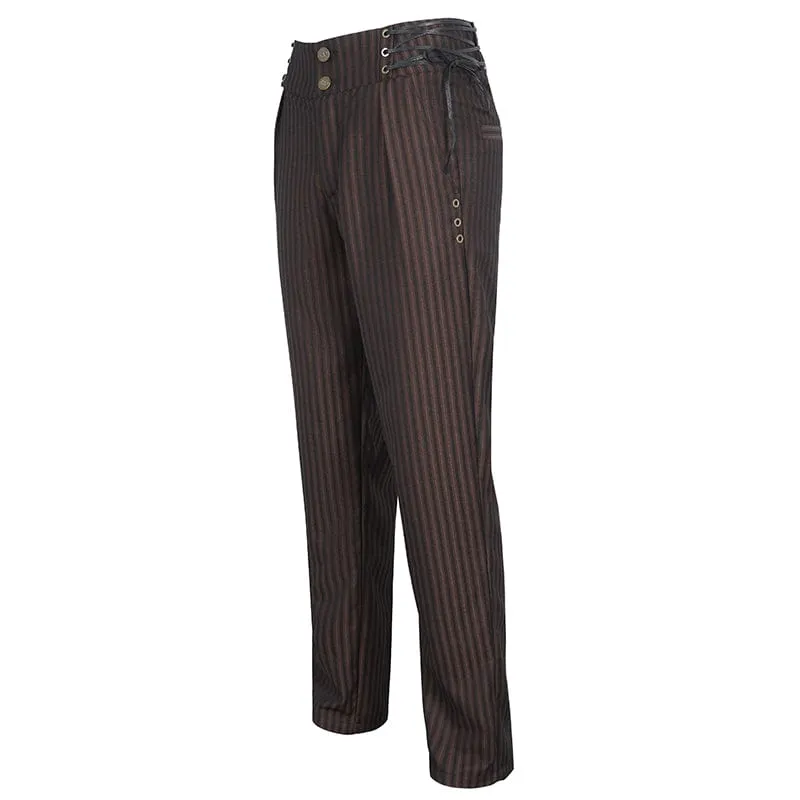 Men's Gothic High-waisted Lace-up Striped Coffee Pants