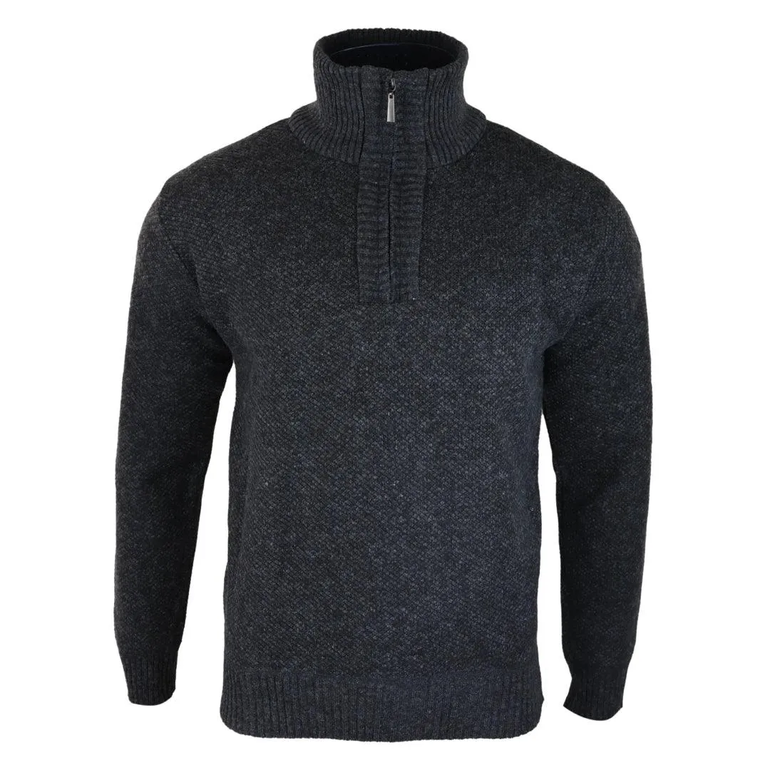 Mens Jumper Fleece Fur Lined Pullover Knitted Warm Winter Casual Half Zip