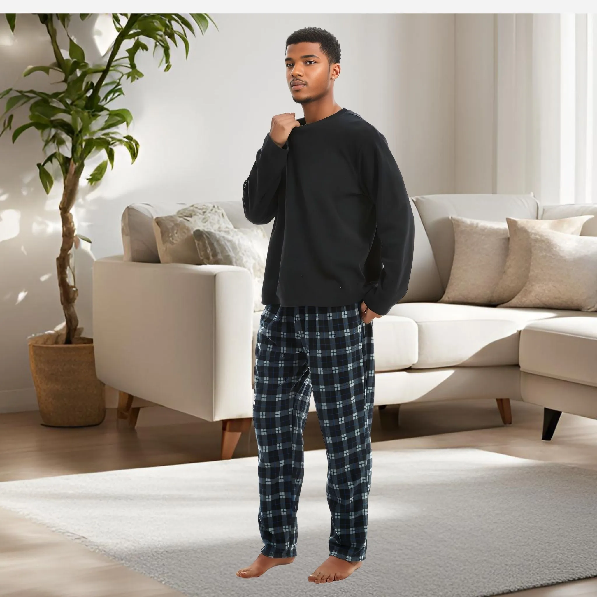 Men's Pyjamas Set Long Sleeve Black Comfy Fleece Loungewear.