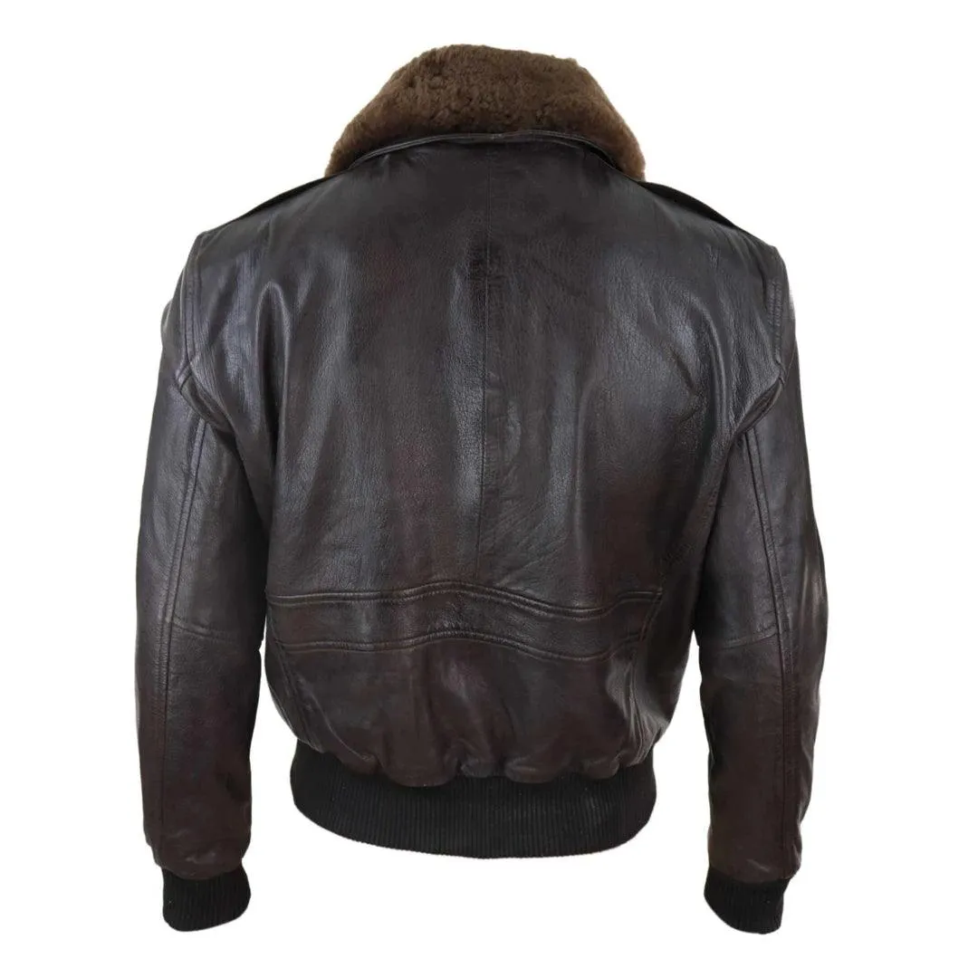 Mens Real Leather Aviator Bomber Jacket Removable Fur Collar Pilot Flying Jacket