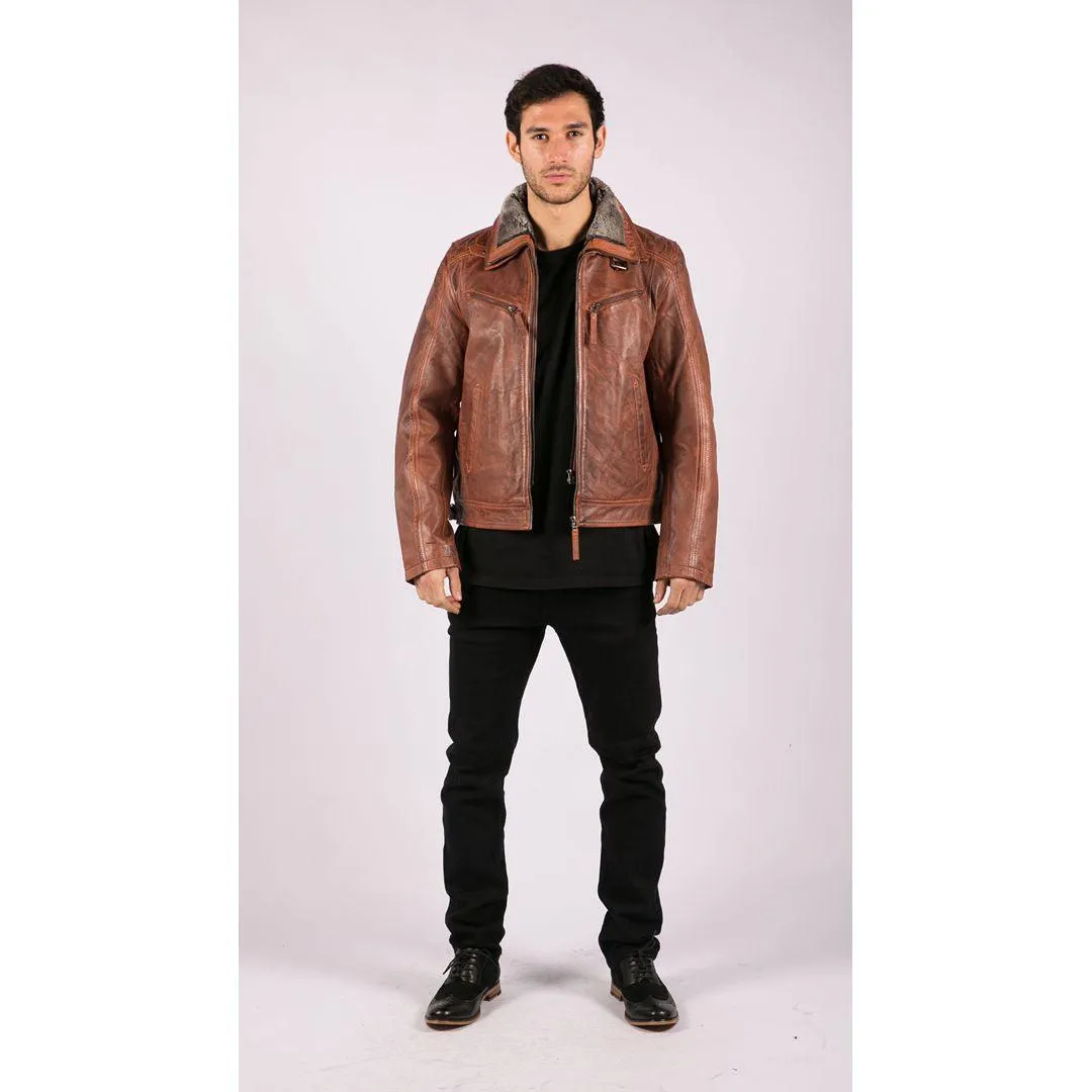 Mens Washed Rust Tan Brown Removable Fur Collar Leather Jacket Slim Fit Zipped