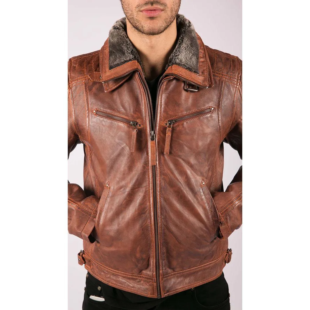 Mens Washed Rust Tan Brown Removable Fur Collar Leather Jacket Slim Fit Zipped