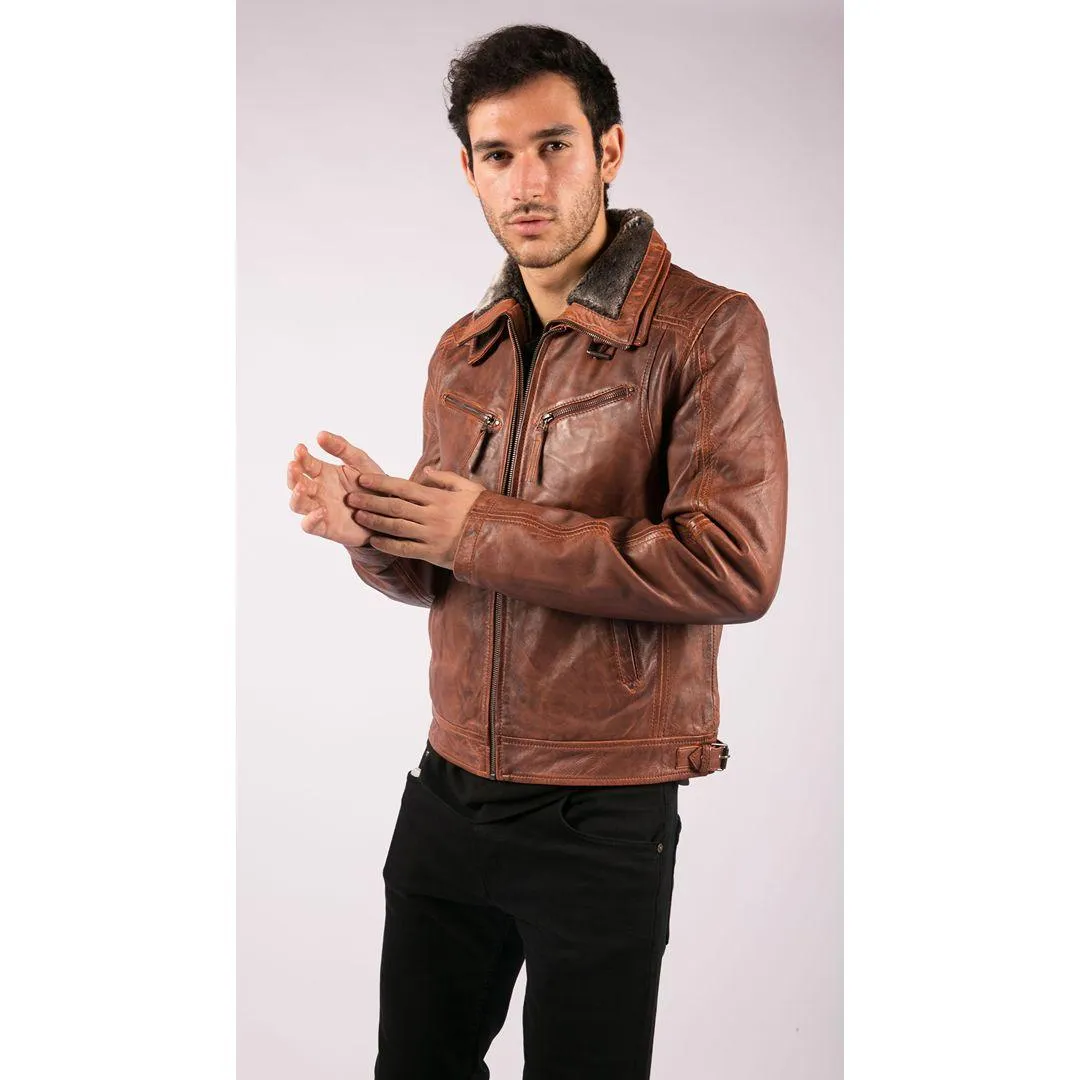 Mens Washed Rust Tan Brown Removable Fur Collar Leather Jacket Slim Fit Zipped