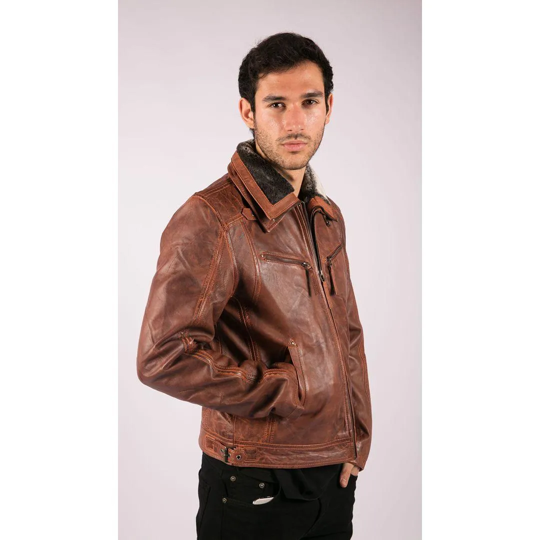 Mens Washed Rust Tan Brown Removable Fur Collar Leather Jacket Slim Fit Zipped