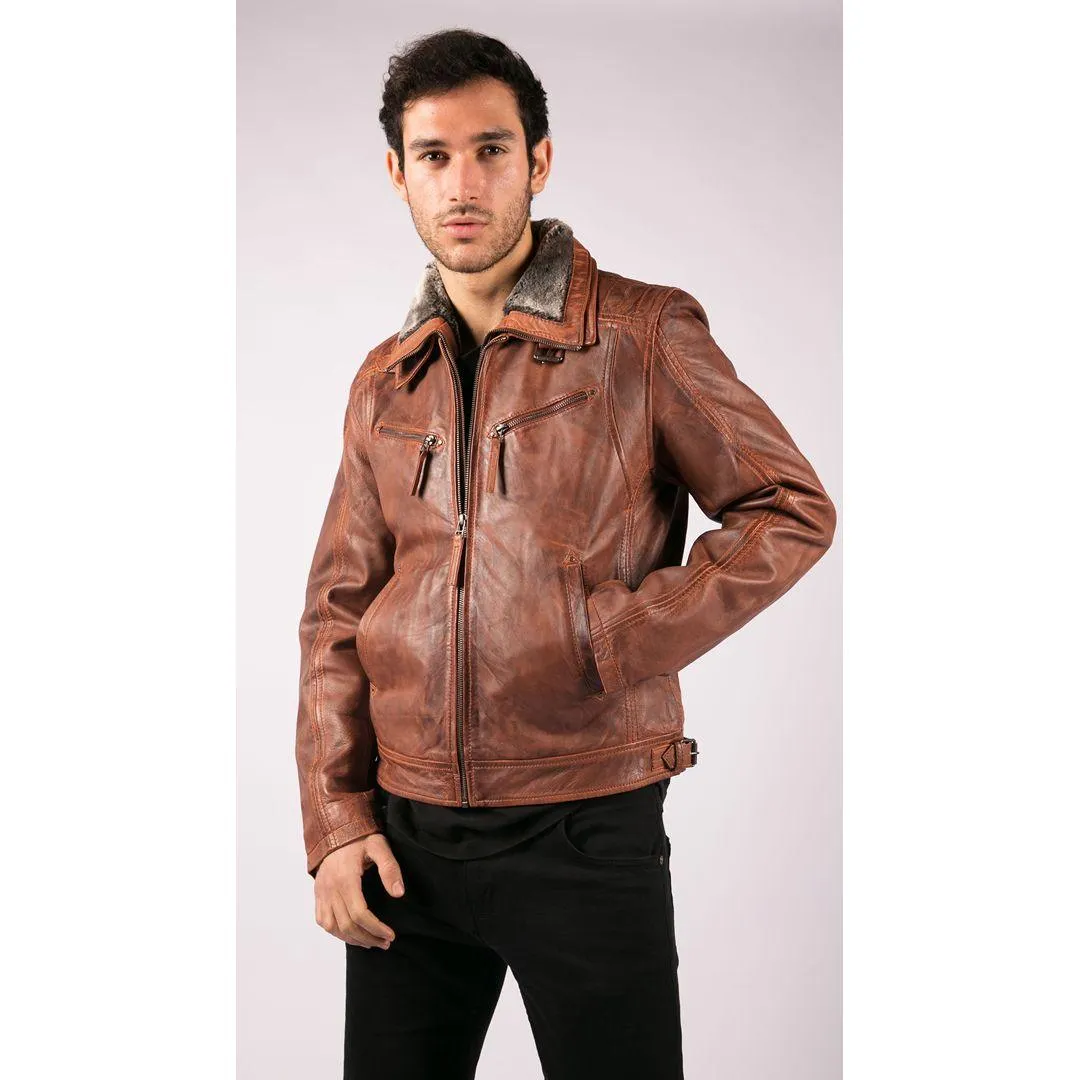 Mens Washed Rust Tan Brown Removable Fur Collar Leather Jacket Slim Fit Zipped