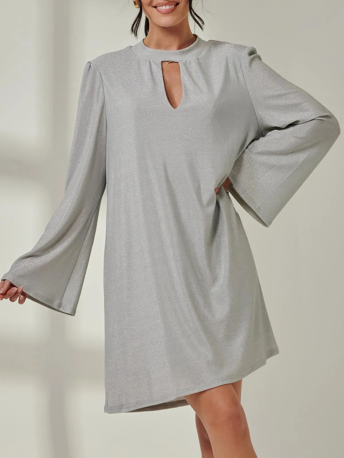 Metallic Keyhole Detail Tunic Dress, Silver