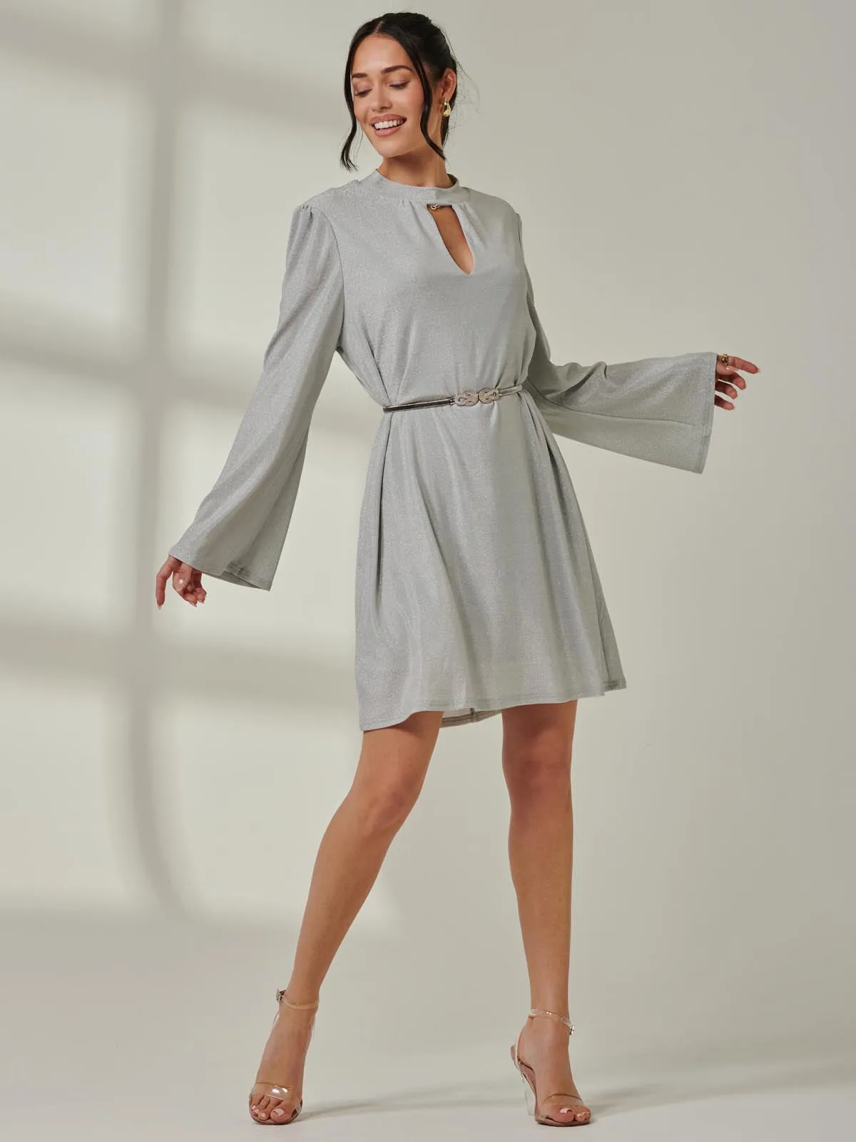 Metallic Keyhole Detail Tunic Dress, Silver