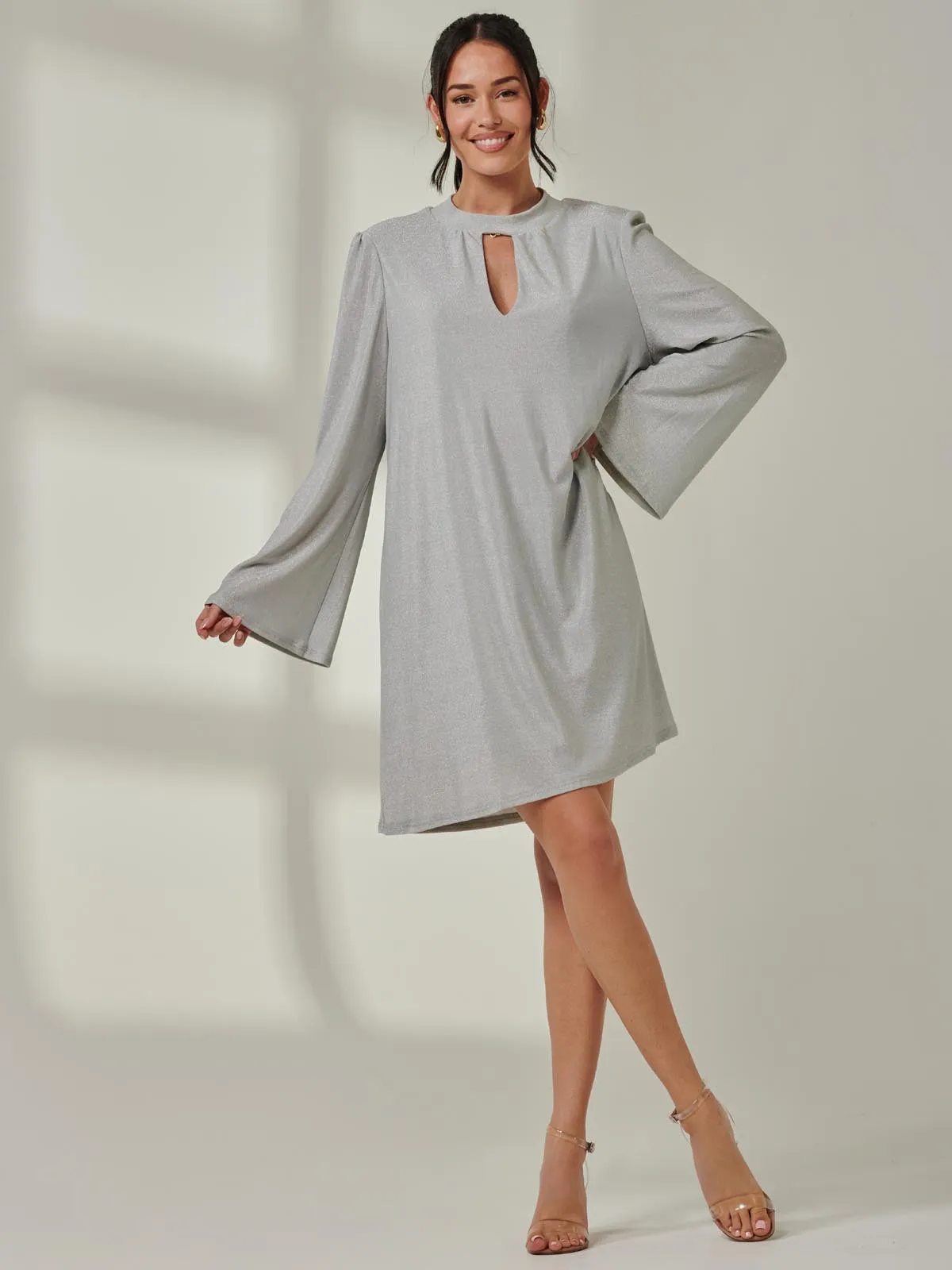 Metallic Keyhole Detail Tunic Dress, Silver