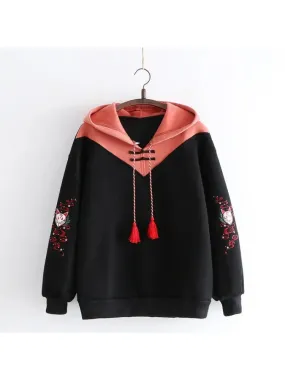 Metaversmall Women Hoodies Fleece Thick Cute Fox Embroidery Winter Autumn  Pullovers Jumpers Japanese Hooded