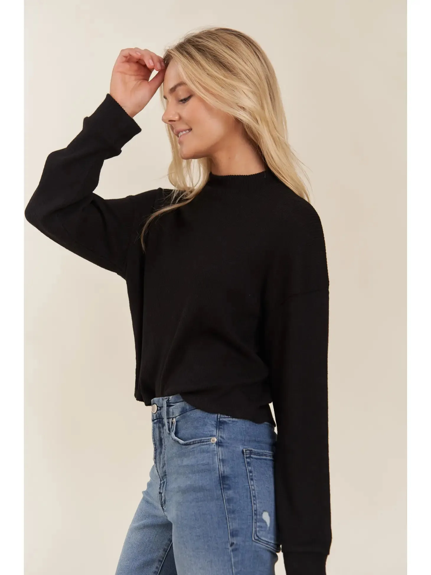 Mock Neck Hi-Low Crop Top Sweater - Black (READY TO SHIP)